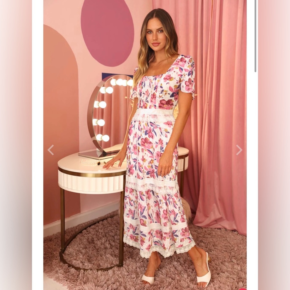 Adelyn Rae Freija Lace Midi Dress with Pink & Purple Print